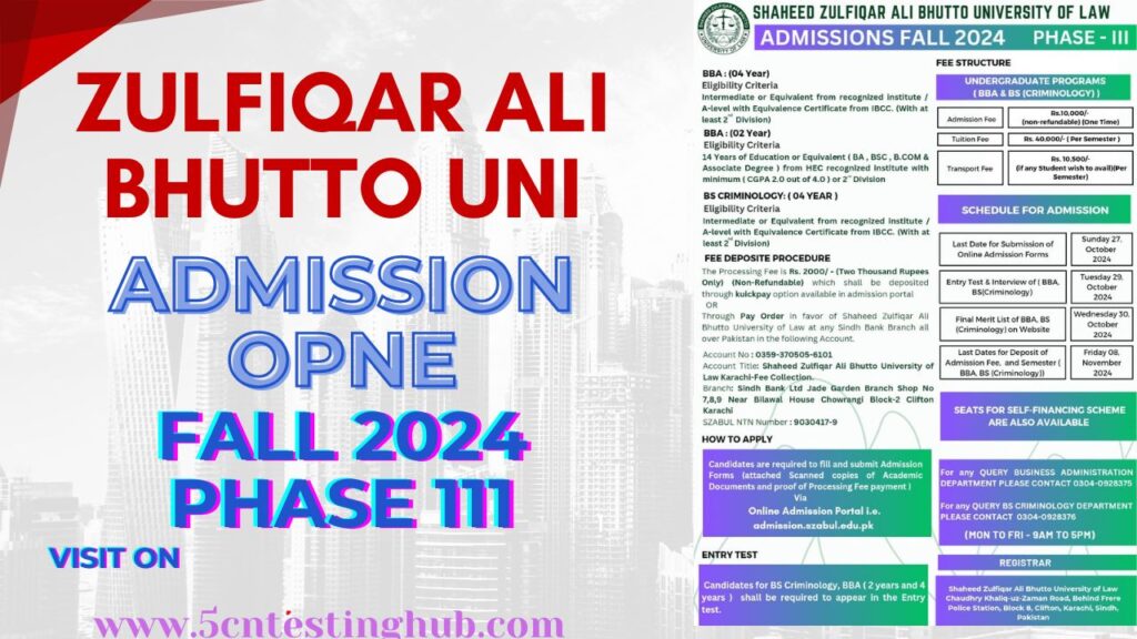 Admission open in Zulfiqar Ali Bhutto University of law Karachi 2024