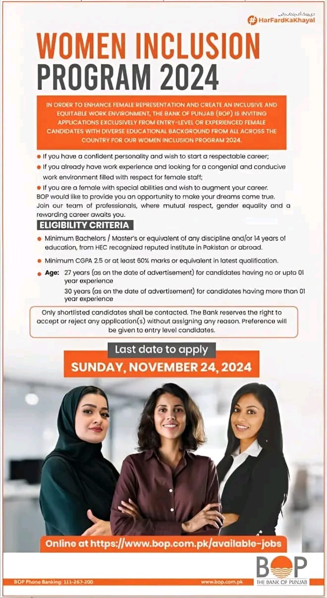 Job Opportunity for Women Across Pakistan: Bank of Punjab is Hiring!