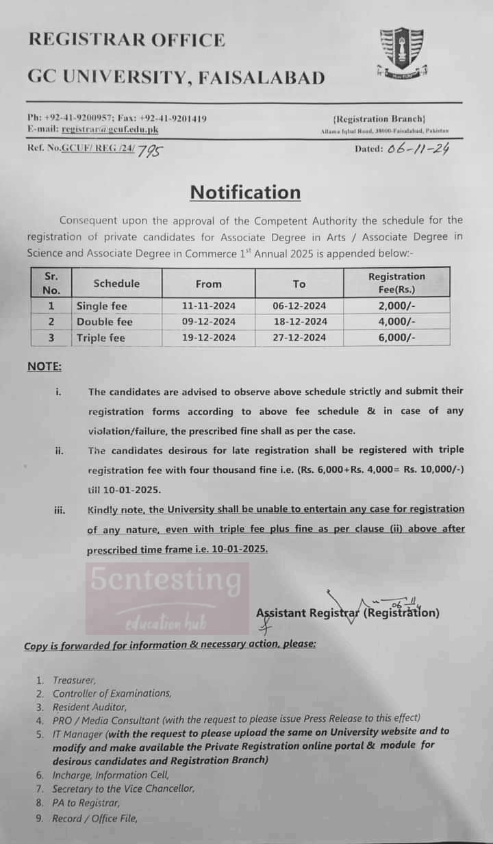 GC University Faisalabad has announced the schedule for the first annual exams 2025 for Associate Degree programs in Arts, Science, and Commerce