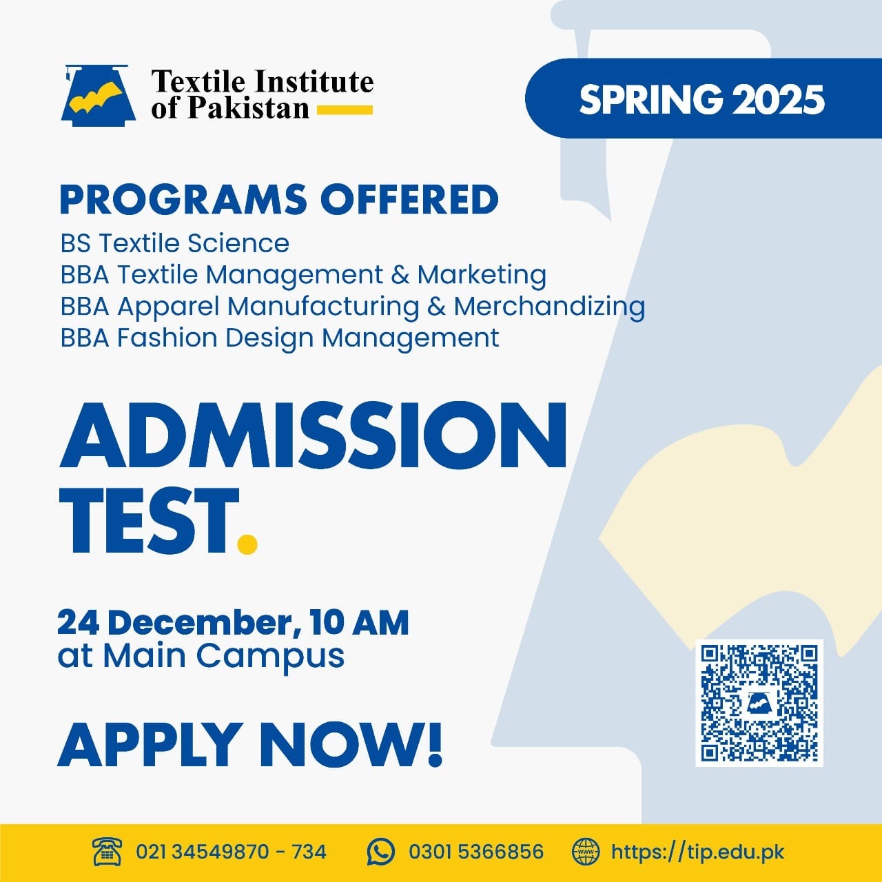 Textile Institute of Pakistan (TIP), Karachi – Admissions Spring 2025 (Last Round)