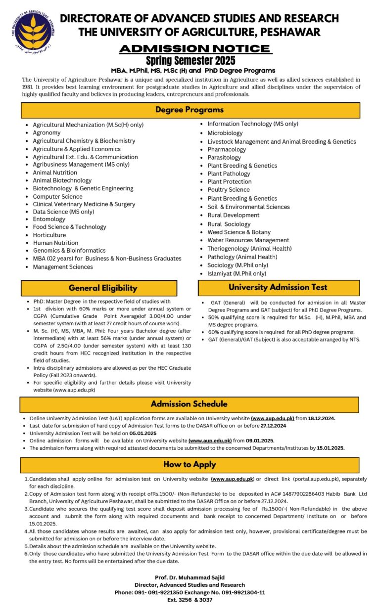 Admissions Open for Spring 2025 at The University of Agriculture, Peshawar