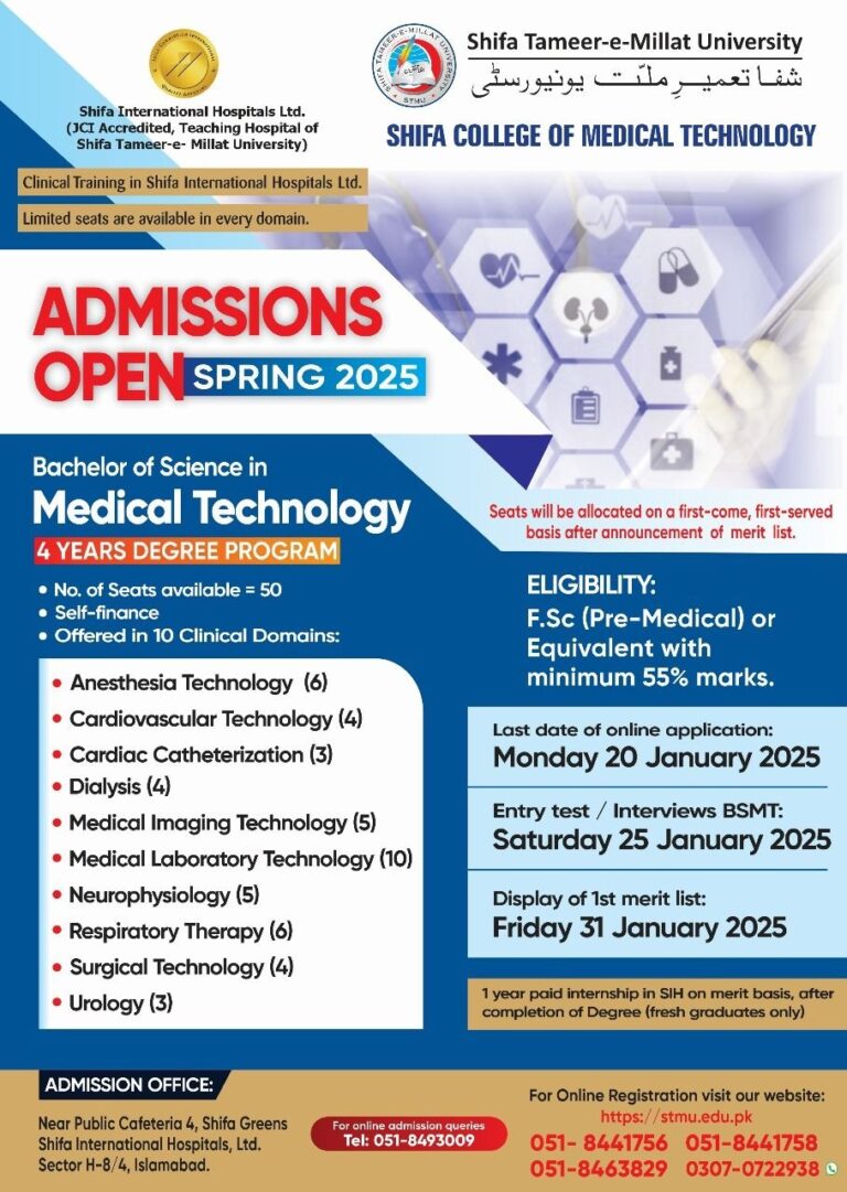 Shifa Tameer-e-Millat University: BS Medical Technology Admissions Spring 2025